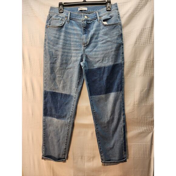 Sonoma Boyfriend Jeans Size 10 Patchwork Patches High Mid Rise Blue Light Wash - Picture 1 of 9